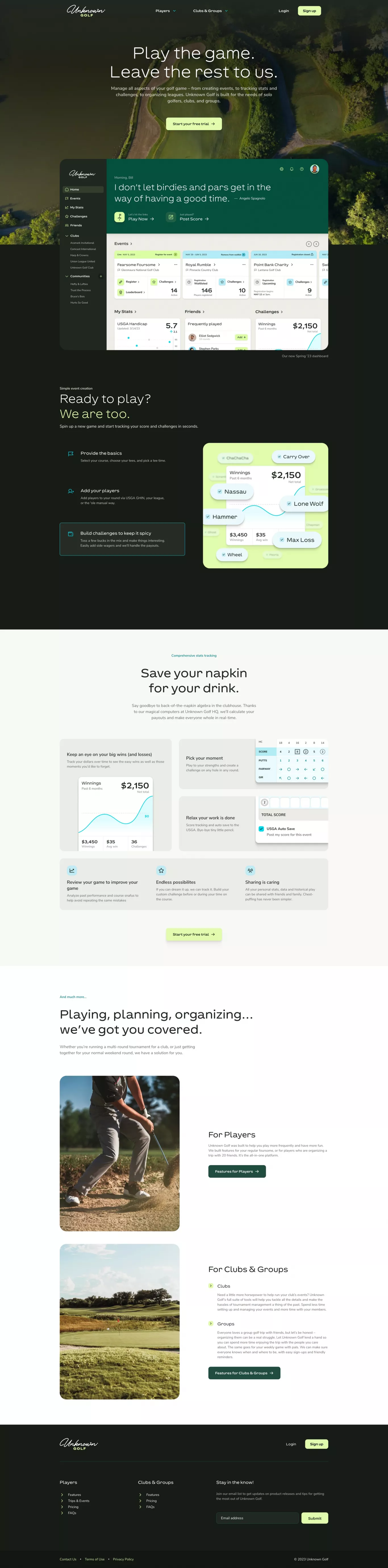 Unknown Golf landing page screenshot showcasing Tech and Sport design