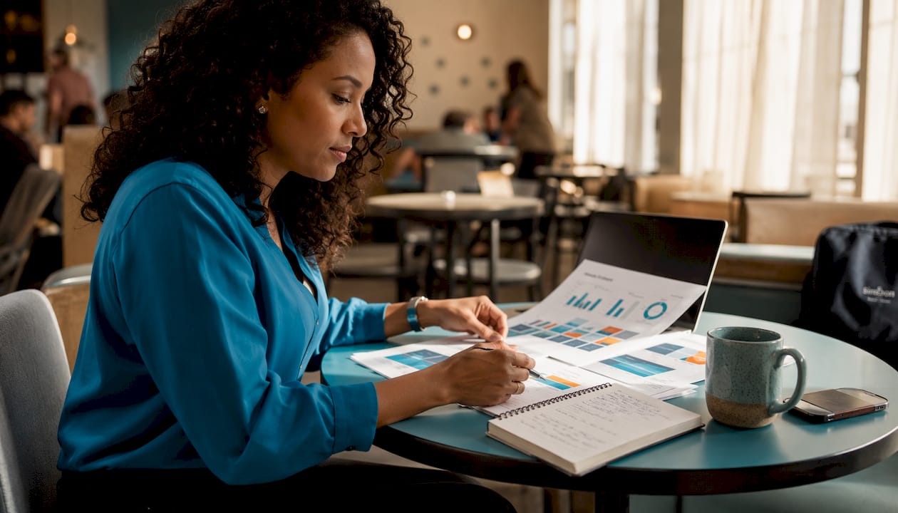 Woman reviewing event video marketing stats