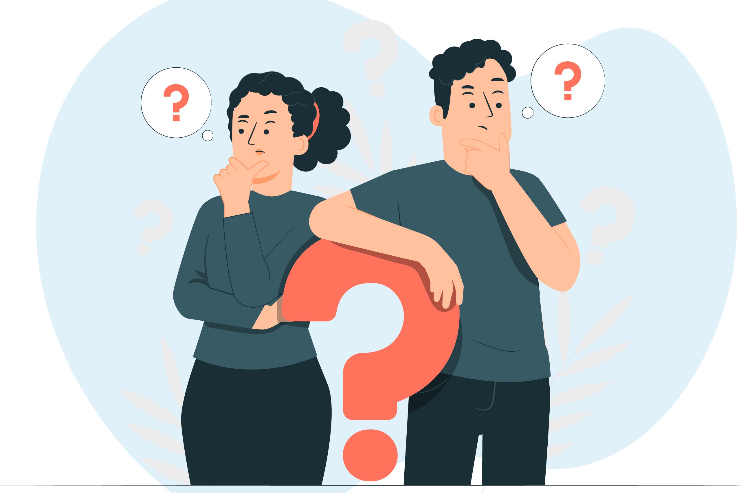Illustration of a man and a woman leaning on a large red question mark, depicting problem-solving or user FAQs.