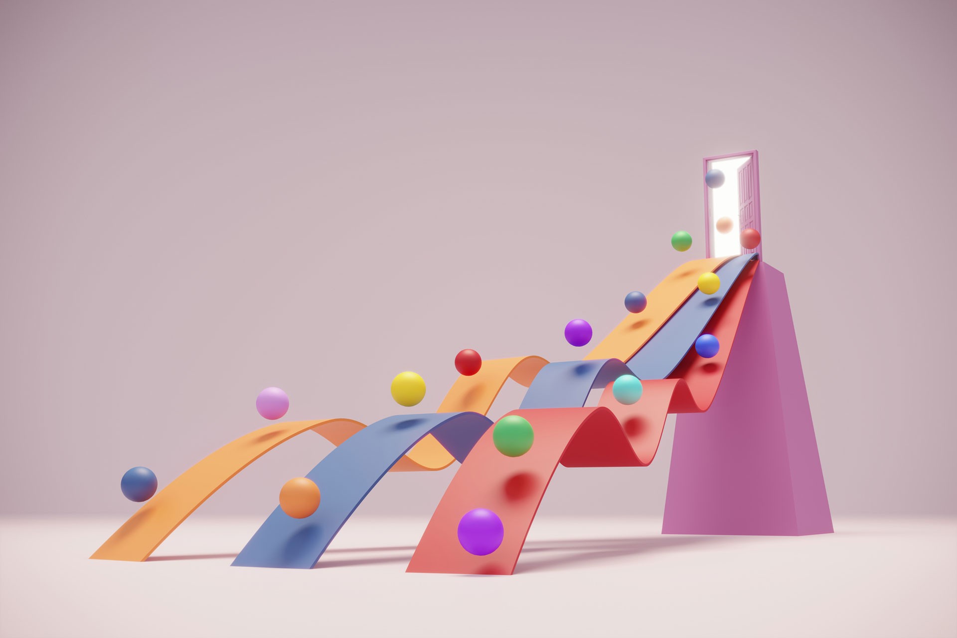 Multi colored ribbons moving up to the opening door which multi colored balls falling from