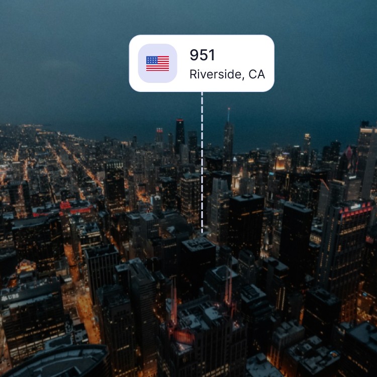 City skyline of Riverside showing the 951 area code and surrounding area codes