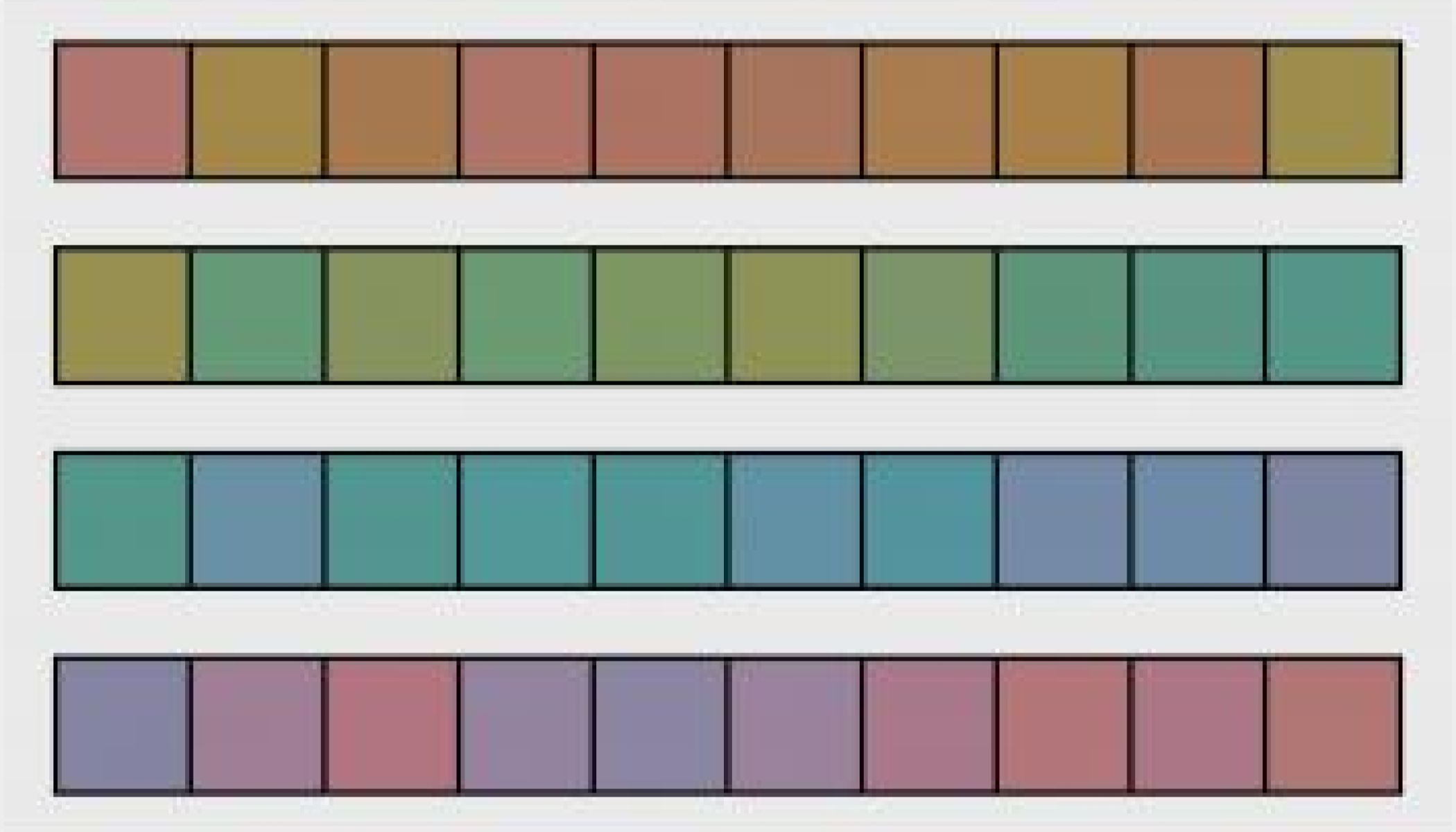 Sample hue test, with 4 rows each containing 10 shades in no particular order