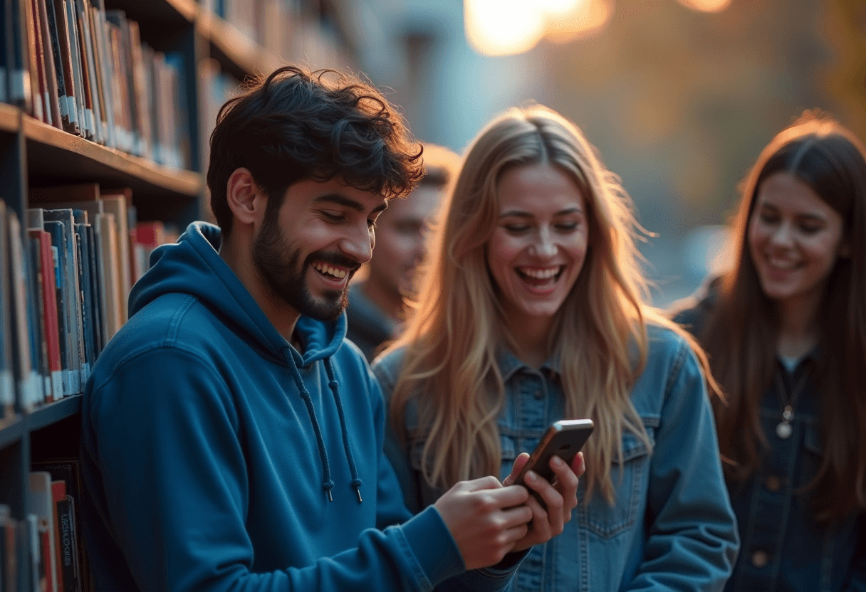 ragazzi che hanno in mano uno smartphone in una biblioteca