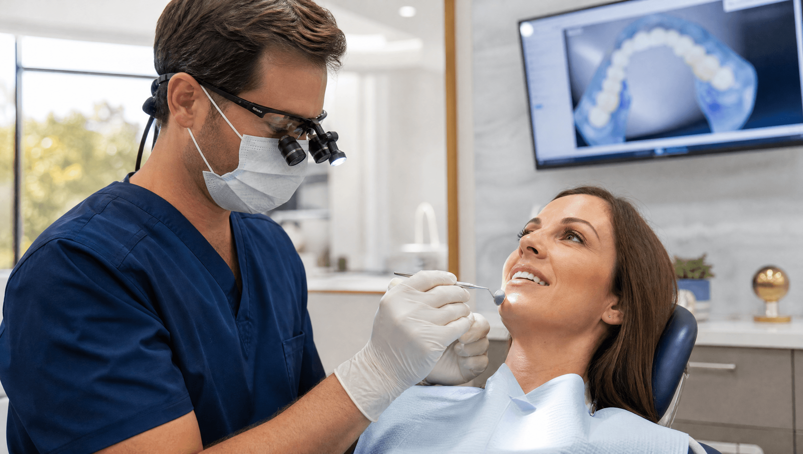 A dentist wearing loupes performing a calm exam on a relaxed patient in a modern dental chair