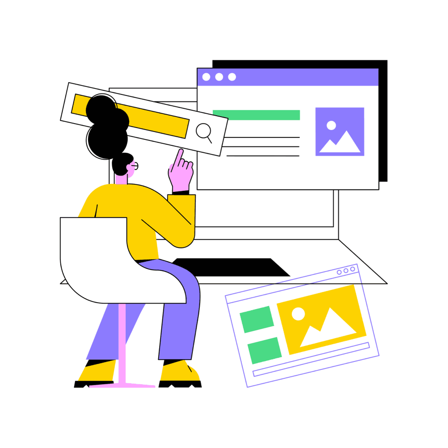 "Ilustrasi seorang wanita duduk di depan komputer, menggambarkan konsep Arsitektur Modular sebagai solusi cerdas untuk website bisnis yang scalable.