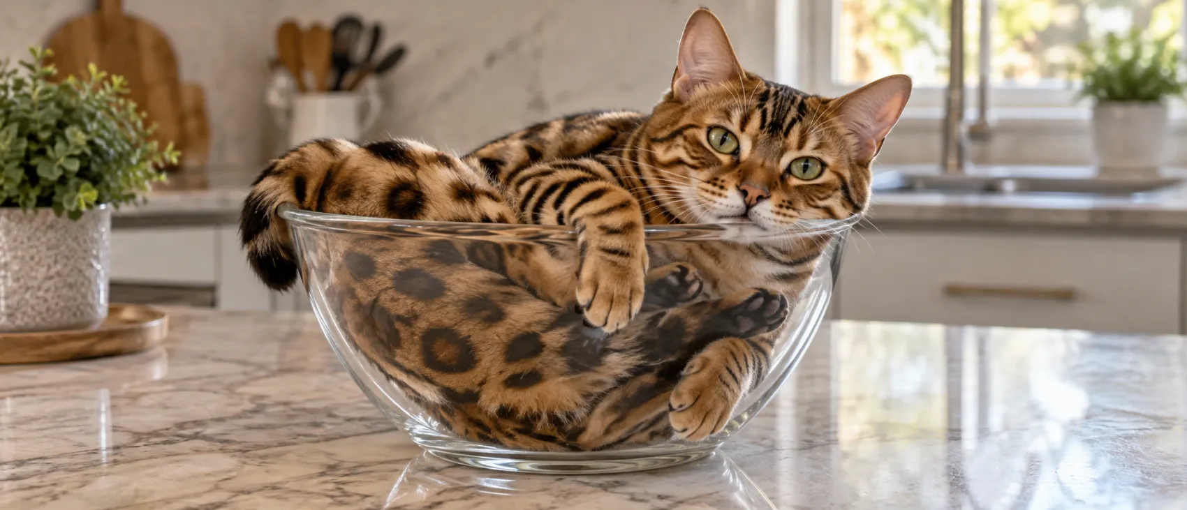 A Bengal cat curled up inside a glass bowl.