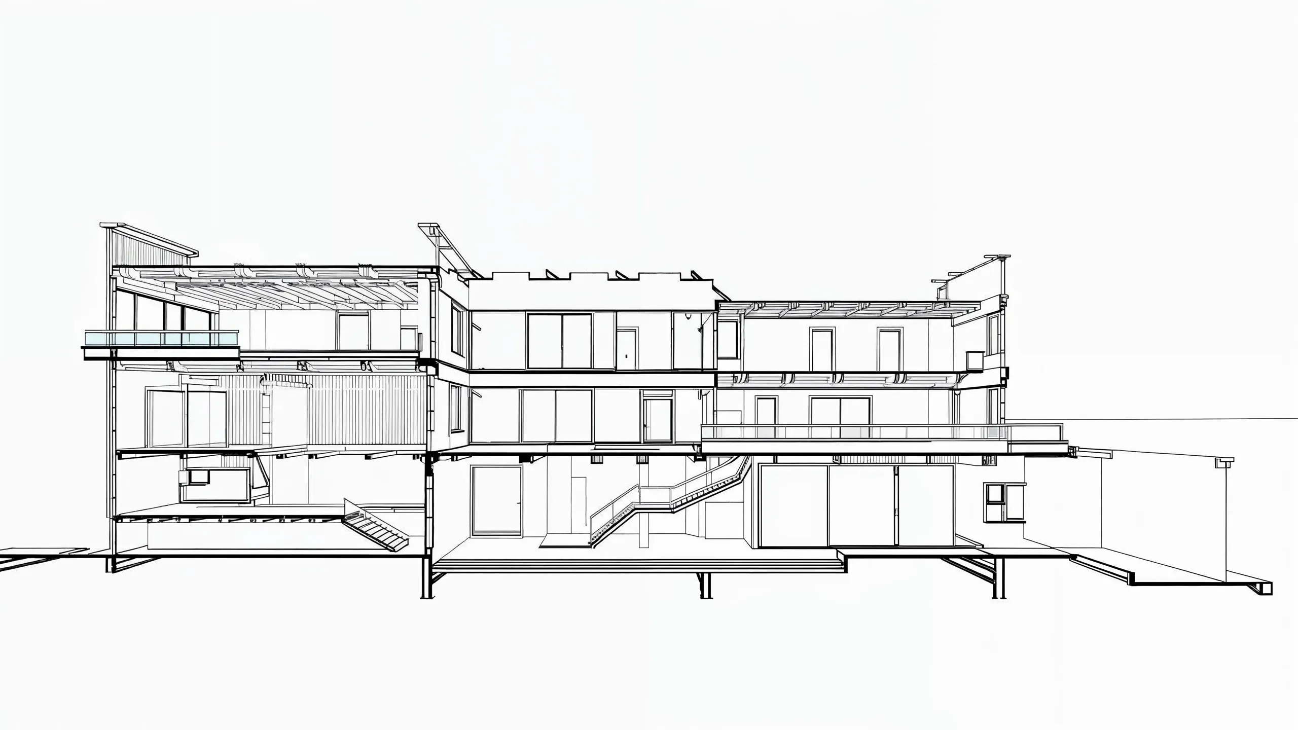 AI-generated architectural section drawing of a multi-story building created with MINIST.