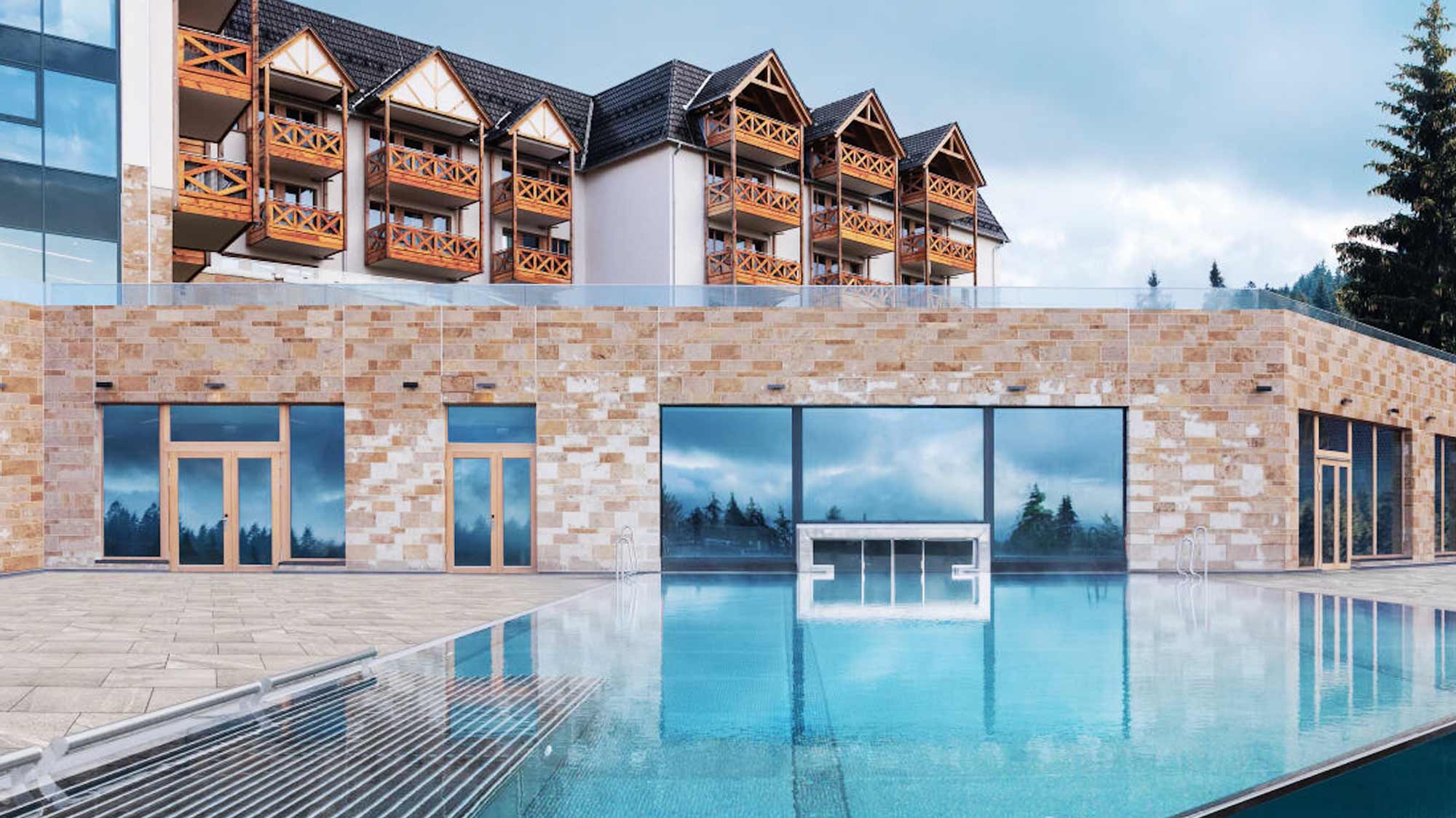 Modern resort facade with rooftop, pool, ideal for filmproduction, ads, and social media campaigns in strategic communication.