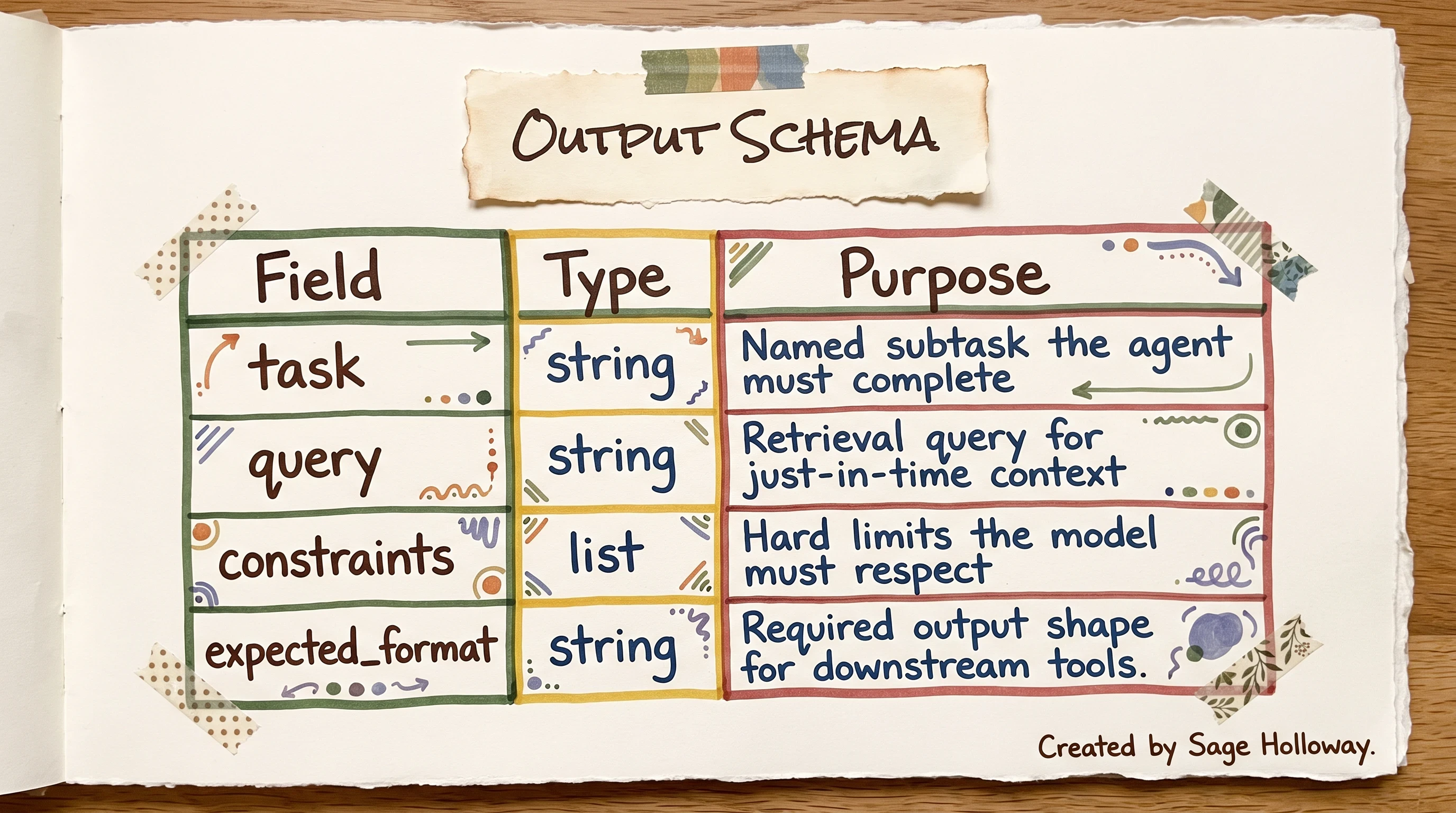 Table graphic of a structured JSON subtask schema for LLM outputs