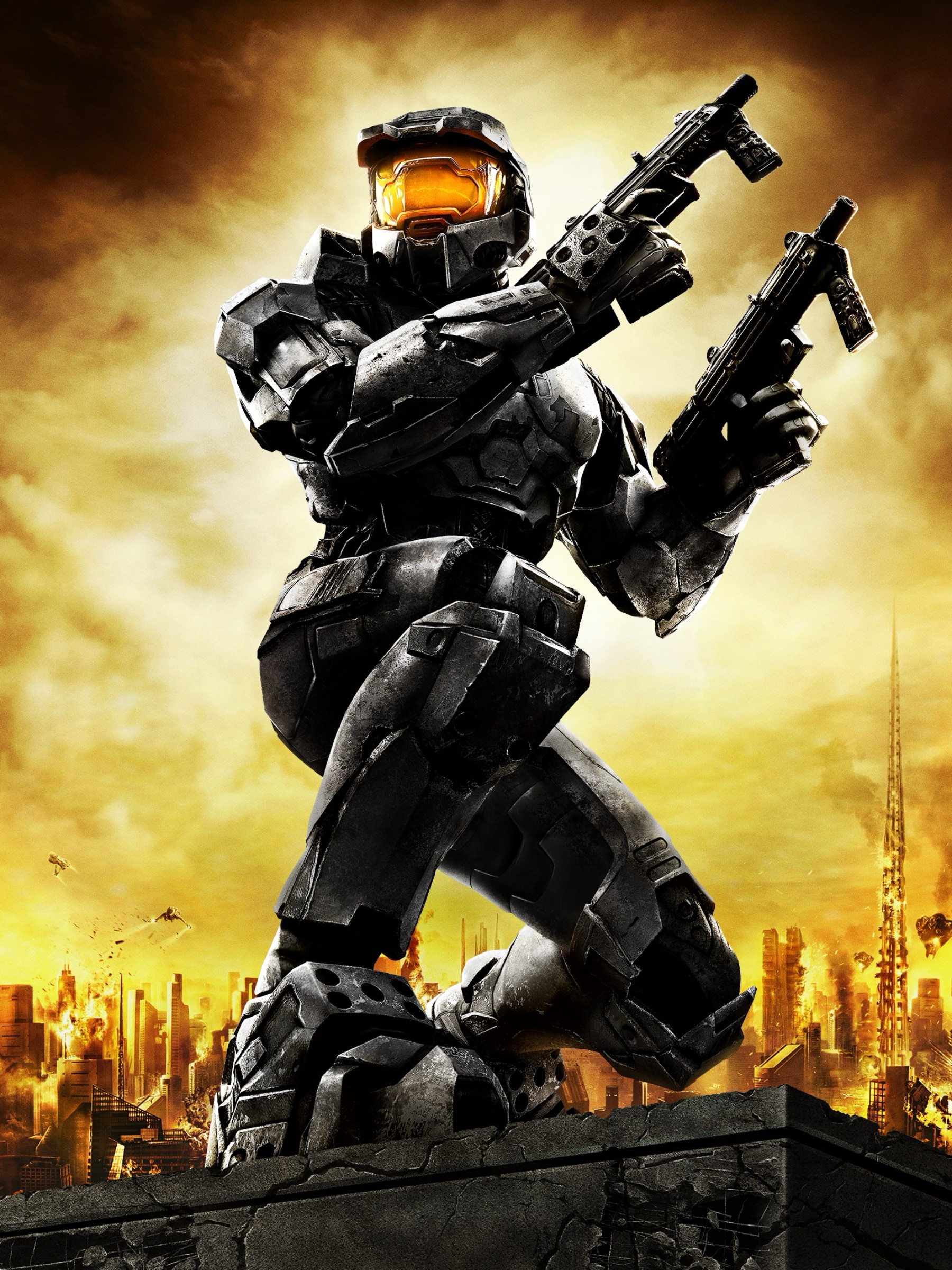 Armored sci-fi soldier holds two guns against a burning city backdrop, Halo 2: Anniversary game poster