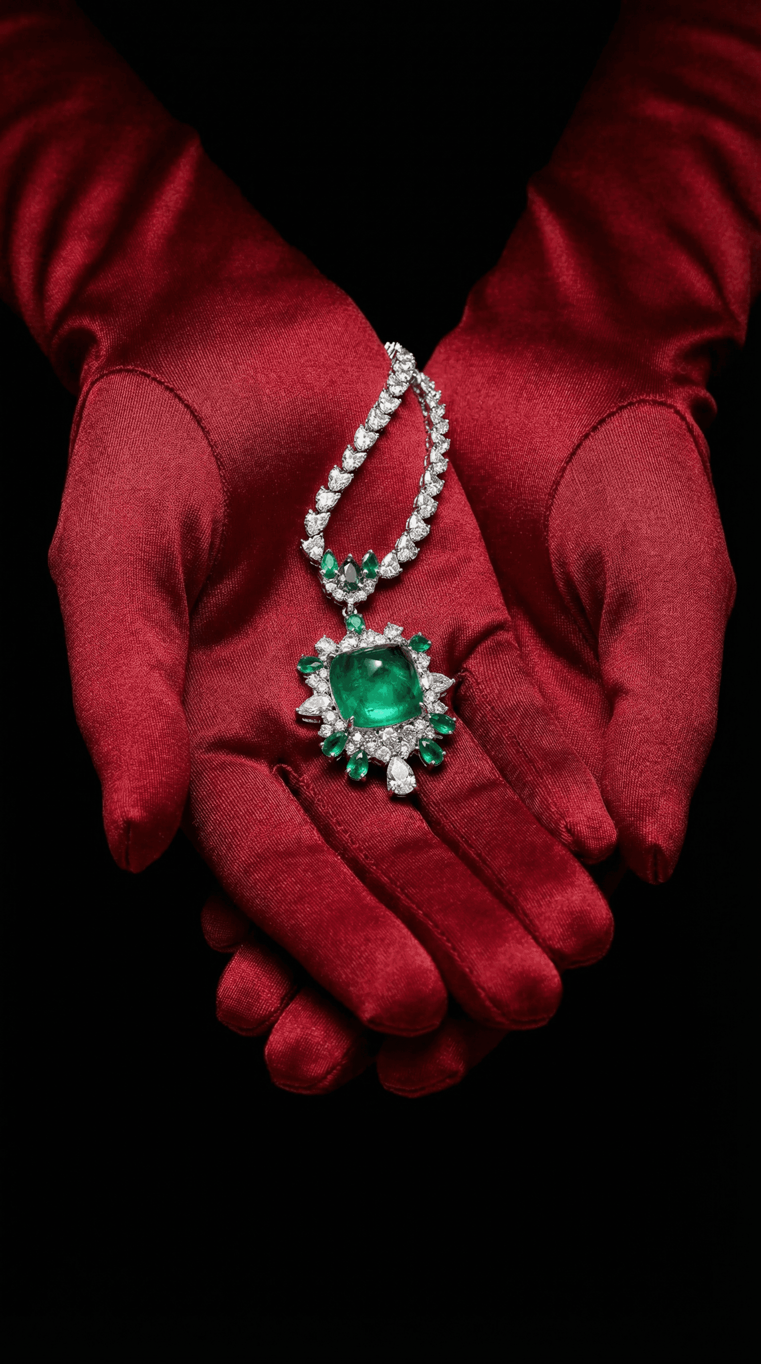 Emerald and diamond pendant necklace held in red satin gloves on black background