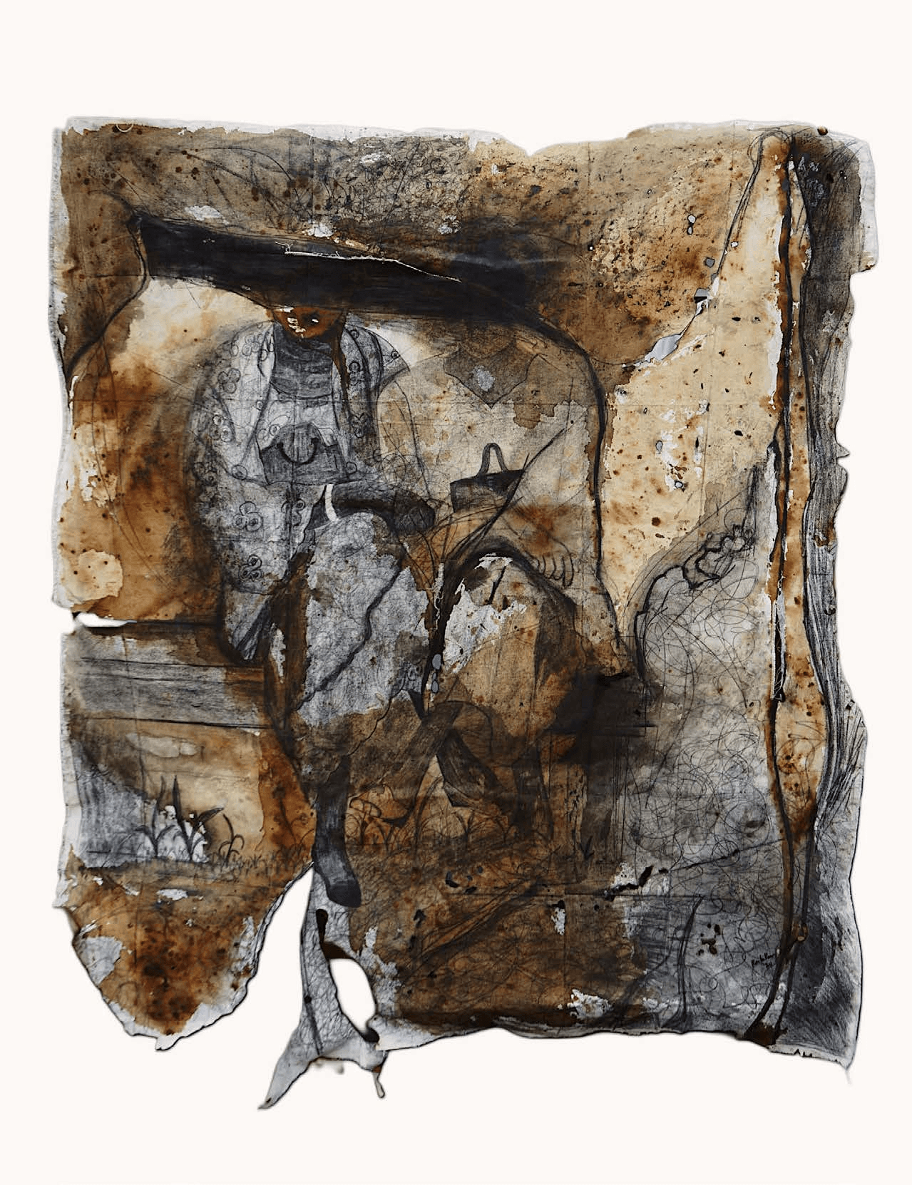 Ronke Komos, Kori-kosun, 5&6 era, 2024. Charcoal, coffee and fire on canvas, 66 × 77 in. Photography: Basutor Bright.