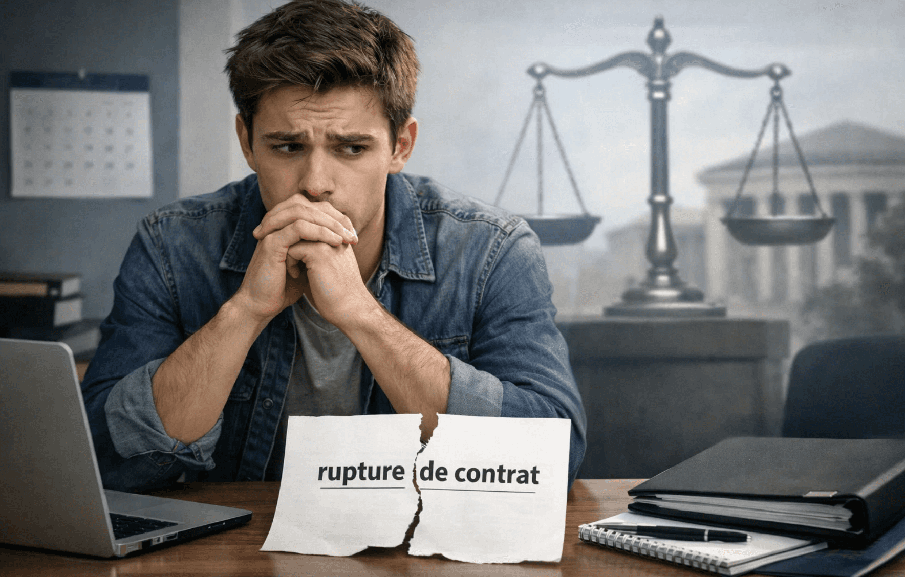 Étudiant apprenti visiblement stressé face à une rupture de contrat d’apprentissage, avec un document déchiré mentionnant la rupture de contrat et une balance de justice symbolisant les droits et le cadre légal en France en 2026.