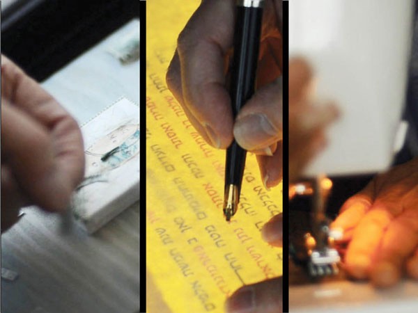 A hand holds a black pen over a yellow sheet of paper with handwritten text in black ink. The paper is positioned on a light-colored surface. In the left panel, a hand holds a white rectangular object with faint markings. In the right panel, a hand is visible holding a black object with small metallic components.