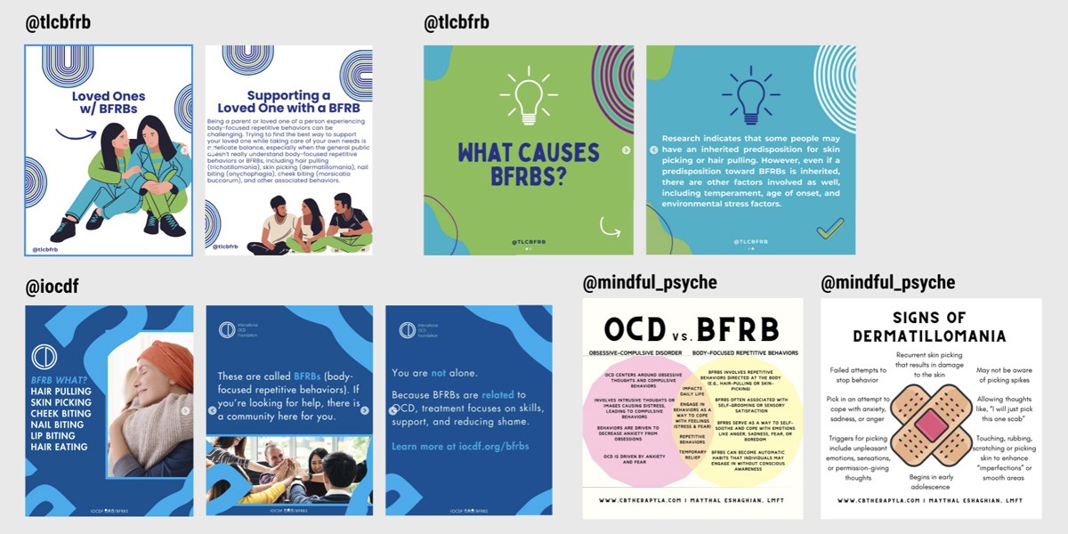 Competitive analysis of Instagram content from six BFRB and OCD awareness accounts including TLC Foundation, IOCDF, and mindful psyche, showing varied approaches to tone, typography, and stigma reduction messaging.