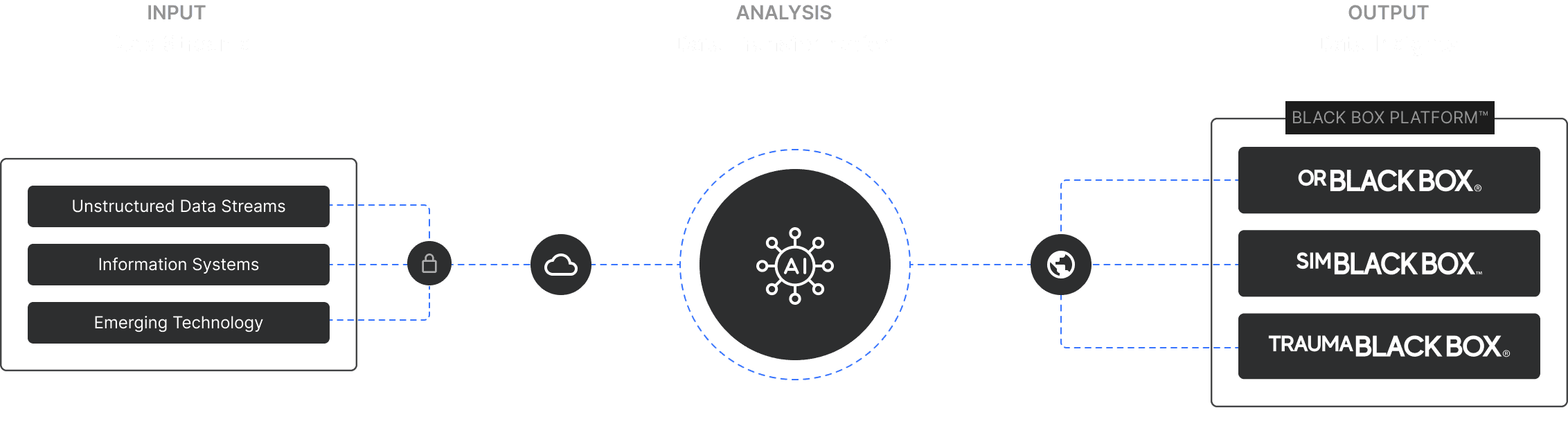 Input, analysis, and output of the Black Box Platform