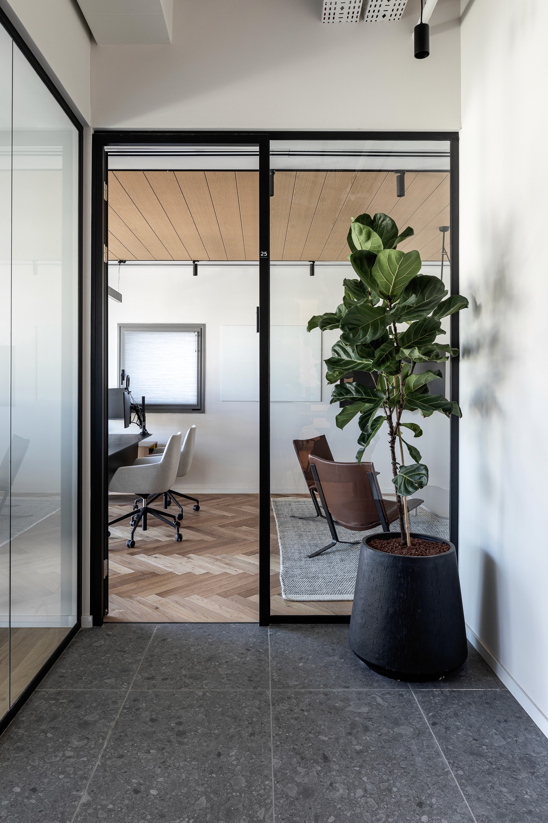 שקיפות ועיצוב: משרד פרטי המתוחם במחיצת זכוכית בפרופיל שחור דק, המשלב צמחייה וריהוט עור לאווירה עסקית אך נינוחה.