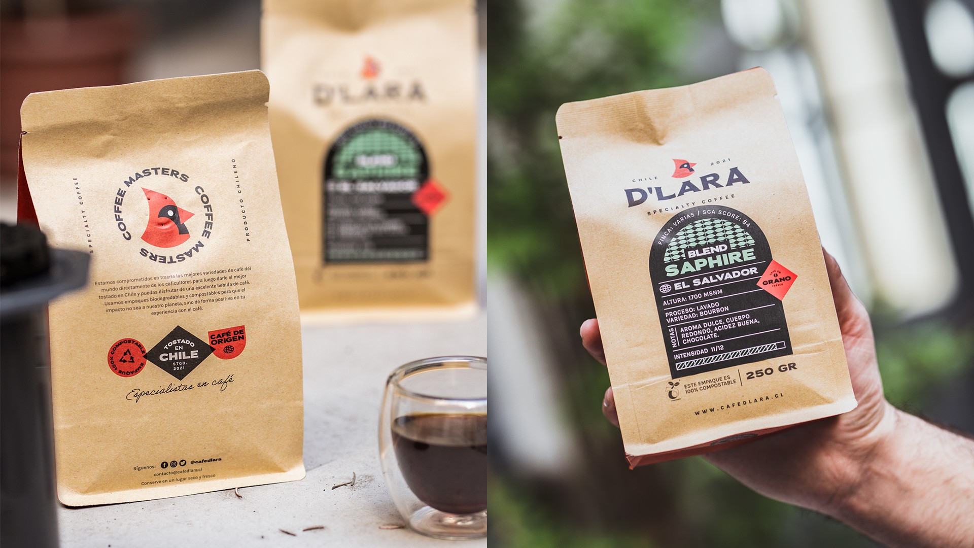 Packaging premium para Café D’Lara, tostado en Chile – estudio de diseño de marcas de café en Latam.