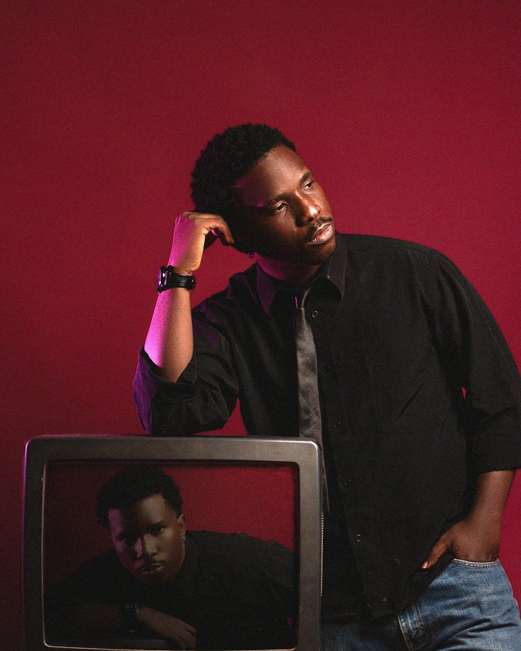 Stylish portrait with reflection on red background