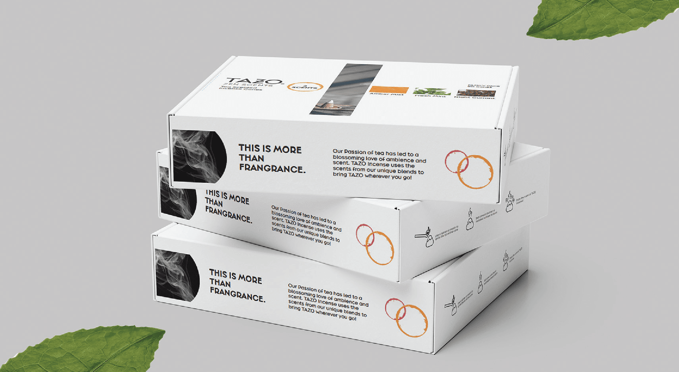 Mockup of 3 Tazo Incense family pack boxes stacked with green leaves in the background