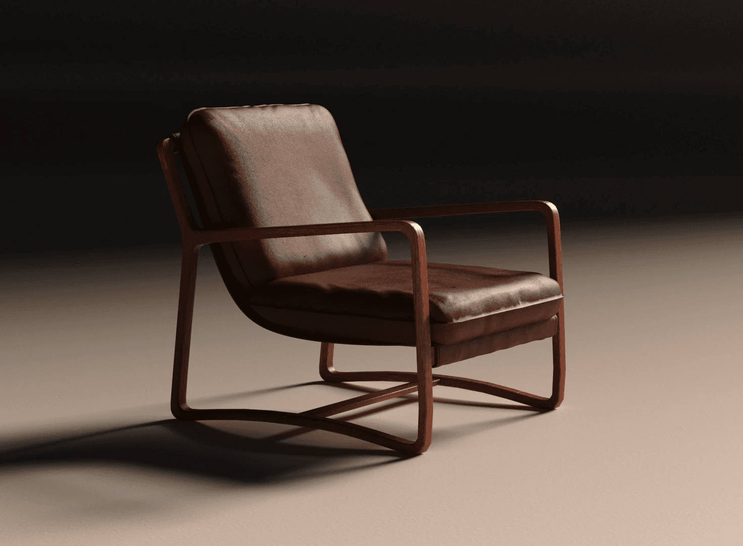 Exquisitely detailed 3D rendering of a luxury lounge chair with a sleek copper frame and plush leather cushioning, presented in a dramatic lighting that emphasizes its sophisticated design, suitable for furniture catalogues and interior design presentations.