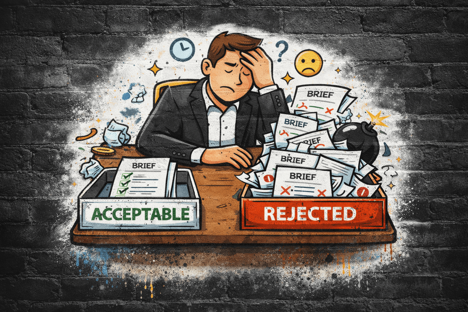 CMO sitting at desk assessing briefs