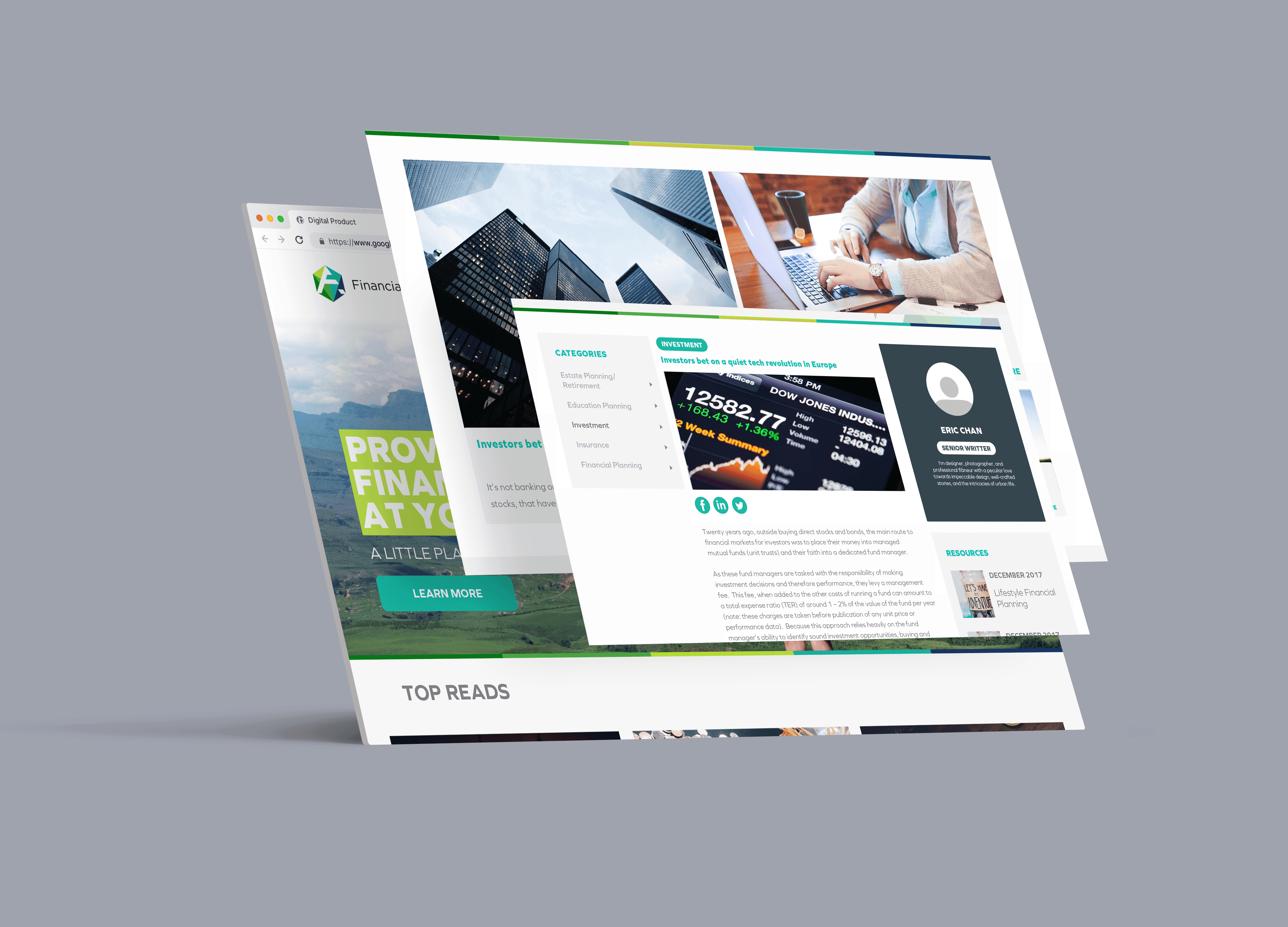 A sleek computer screen displays a nature-themed photo collage. Earth-toned pottery, dried plants, and an elegant keyboard decorate the wooden desk.