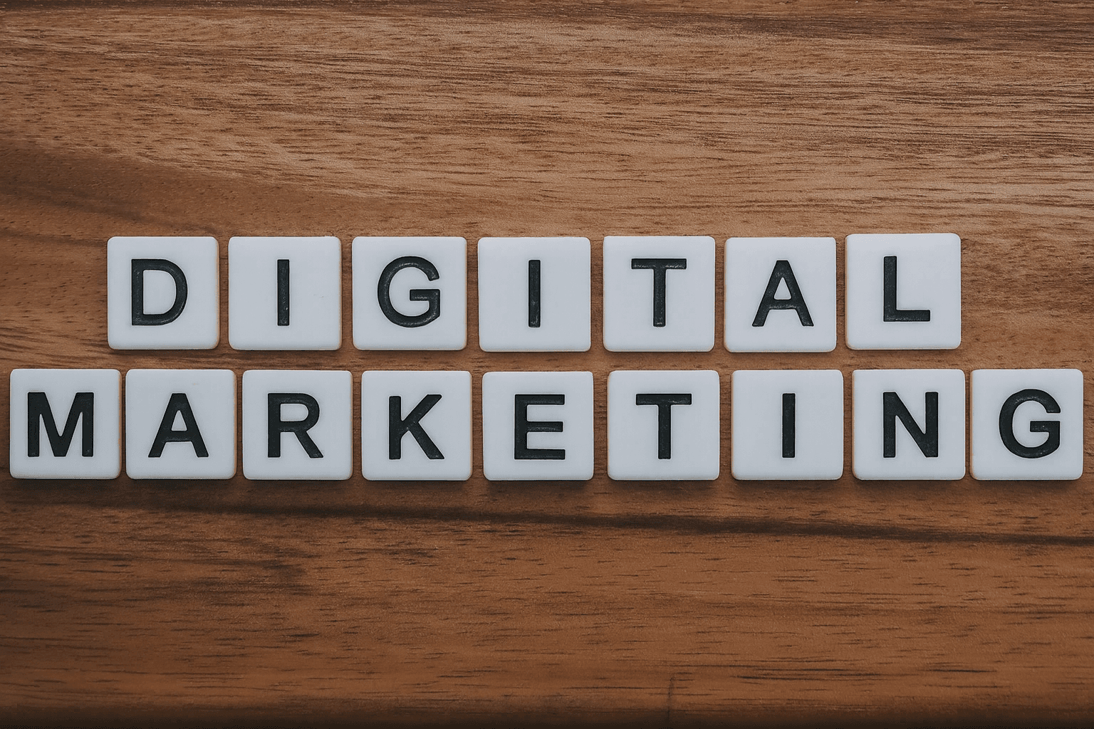Des lettres de Scrabble formant les mots "DIGITAL MARKETING" sur une surface en bois, symbolisant les différents formats de publicités disponibles via Amazon Ads.
