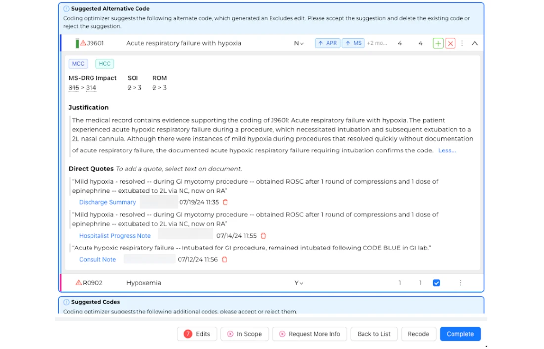 Dashboard displays opportunities prioritized by DRG impact, quality indiactors, AI confidence, level and more