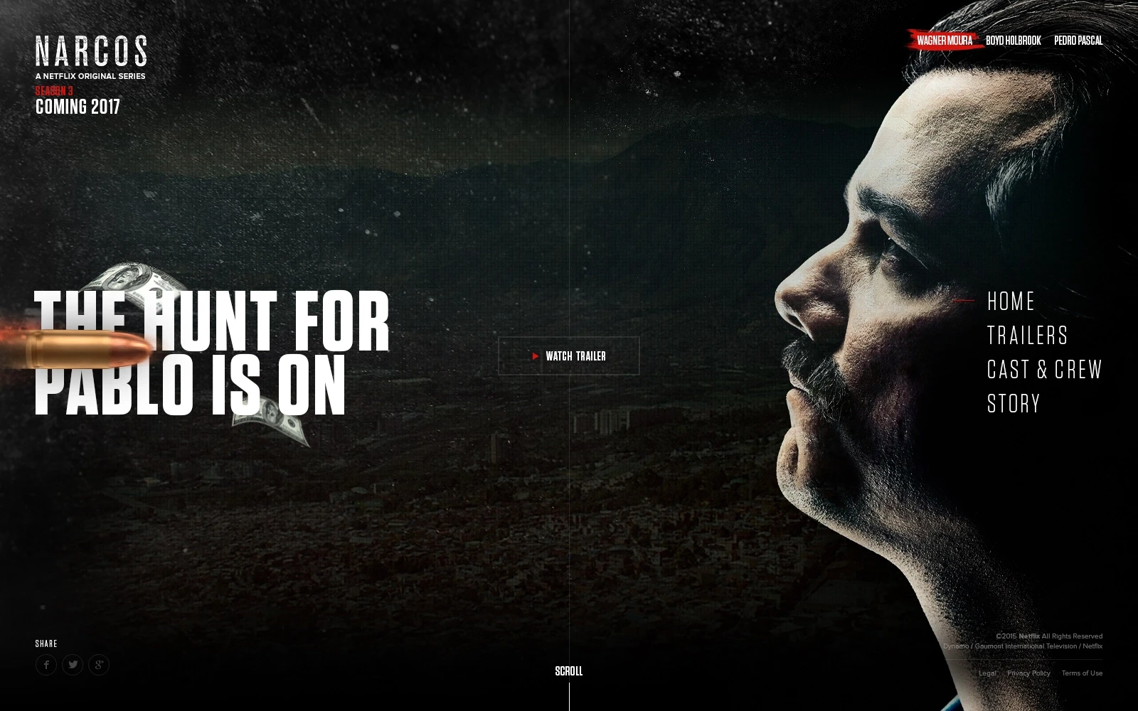 Narcos promotional poster shows Pablo Escobar’s shadowed profile beside “The Hunt for Pablo Is On,” with Netflix branding and trailer links.