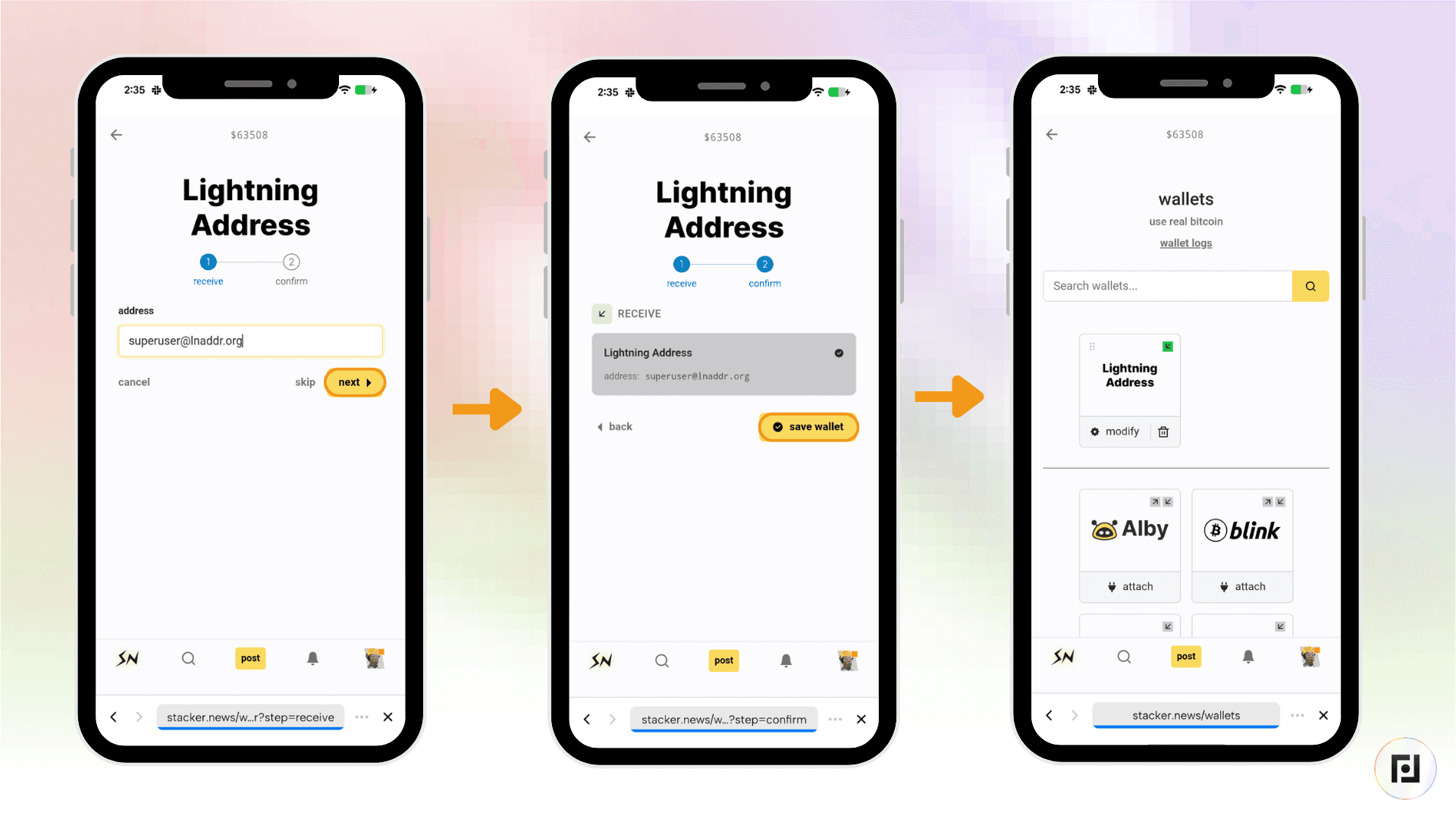 Stacker News screens on Fedi showing how to enter a Lightning address, confirm it, and save the wallet to receive bitcoin earnings