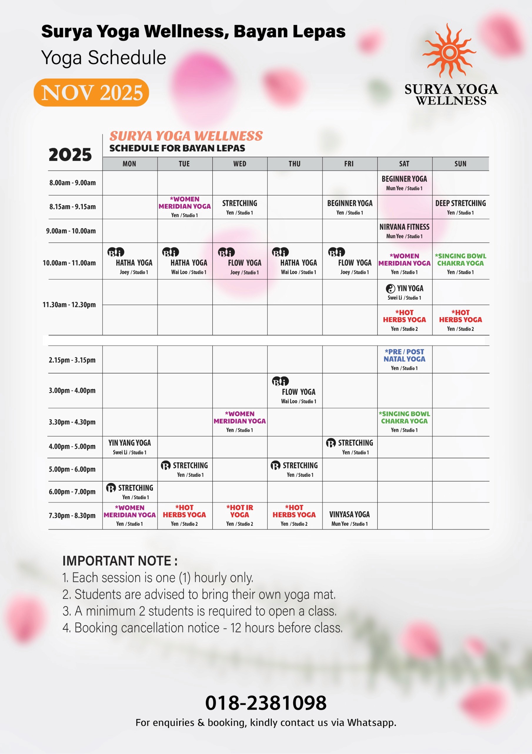 Studio Surya Yoga Wellness Bayan Lepas Schedule
