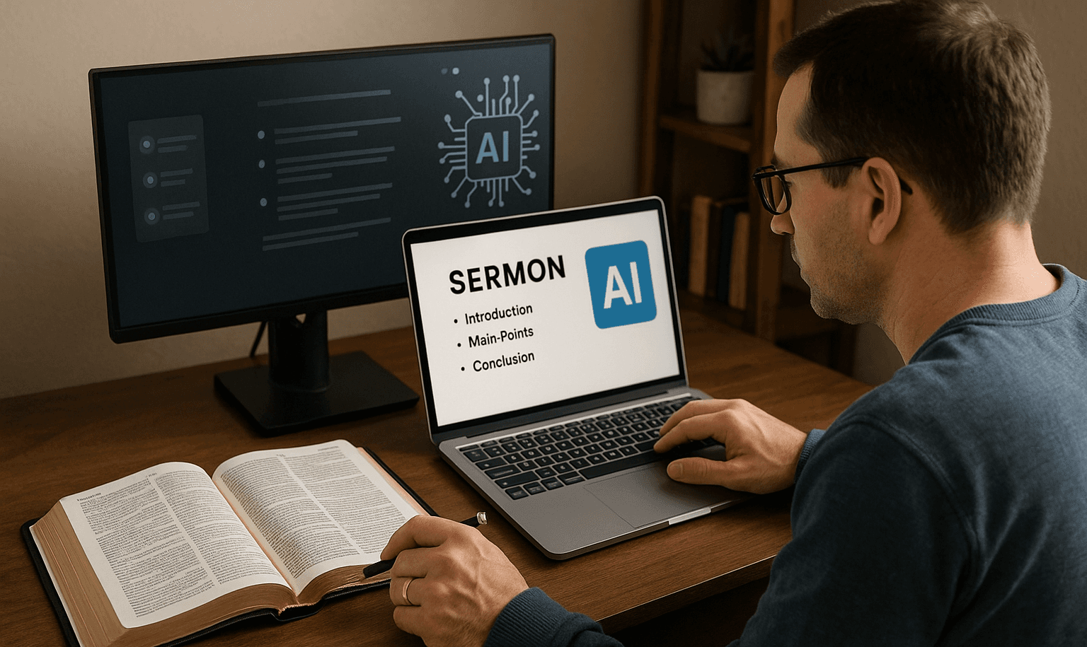 Man writing sermon using AI laptop - Sermon Clips AI