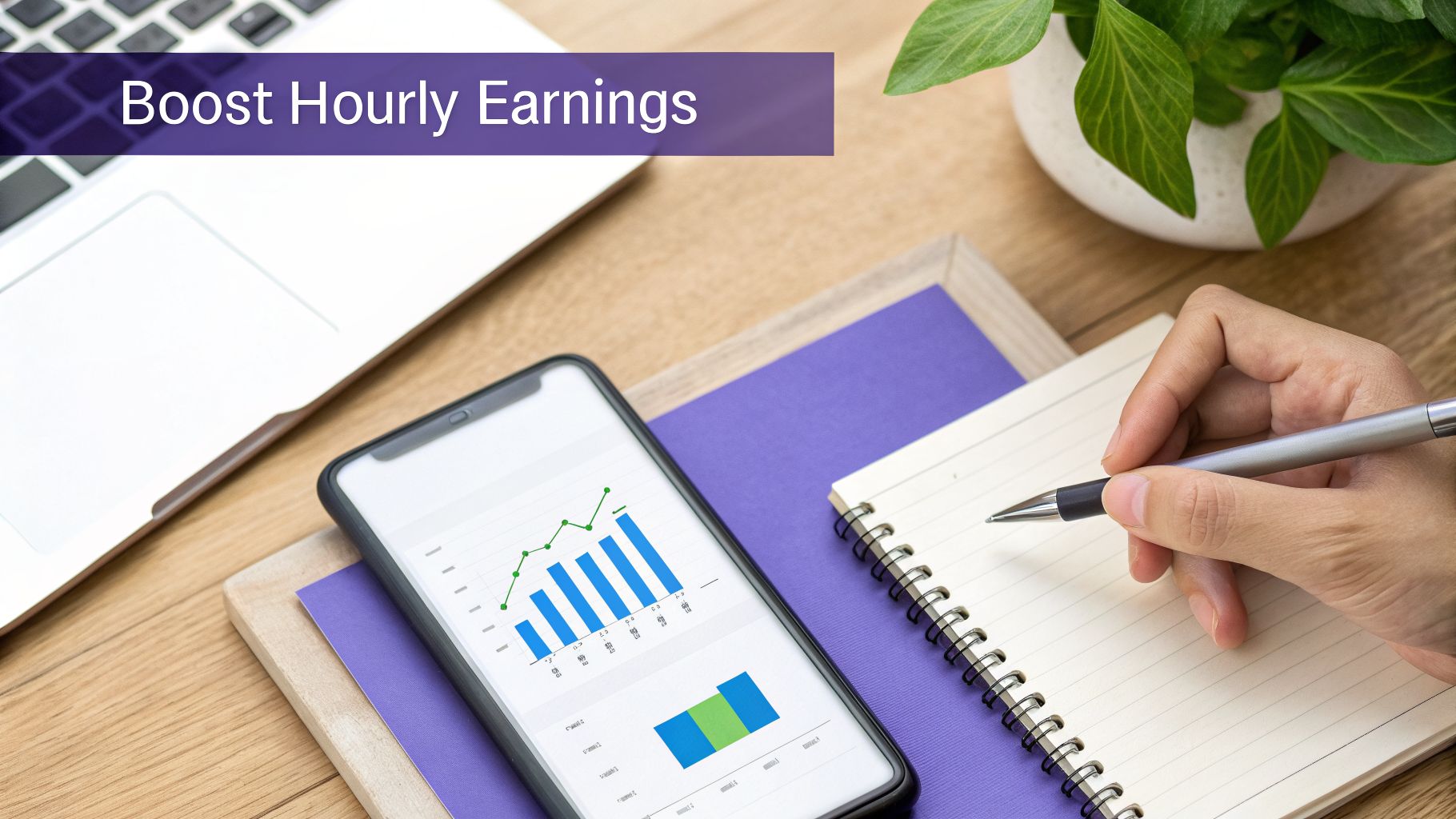 Person writing notes in a notebook next to a smartphone displaying growth charts, a laptop, and a plant on a desk. Text: Boost Hourly Earnings.