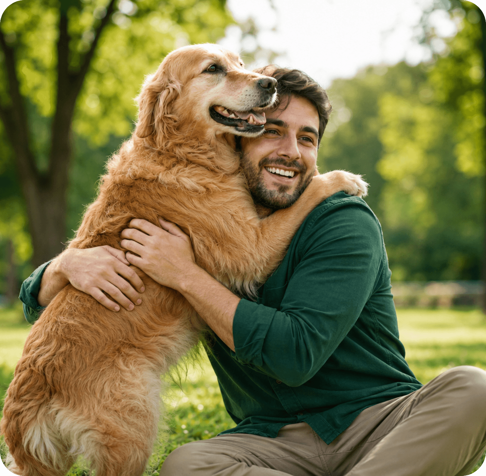 Man hugging a golden retriever in the park