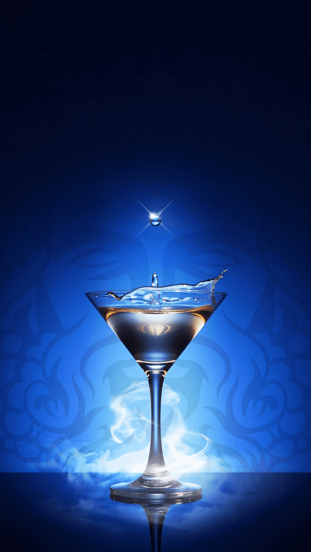 Elegant cocktail glass with splash effect on glowing blue background and luxury nightlife branding design.