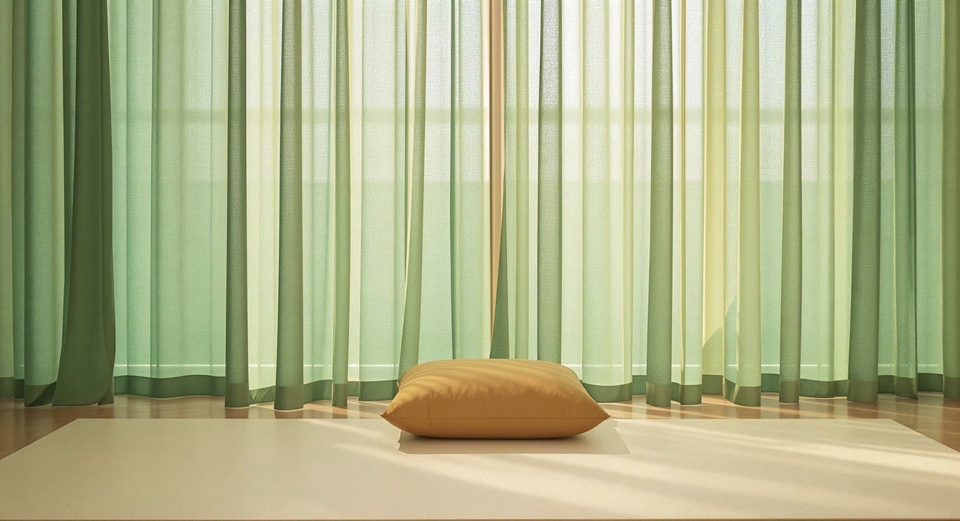 A gold pillow and green curtains