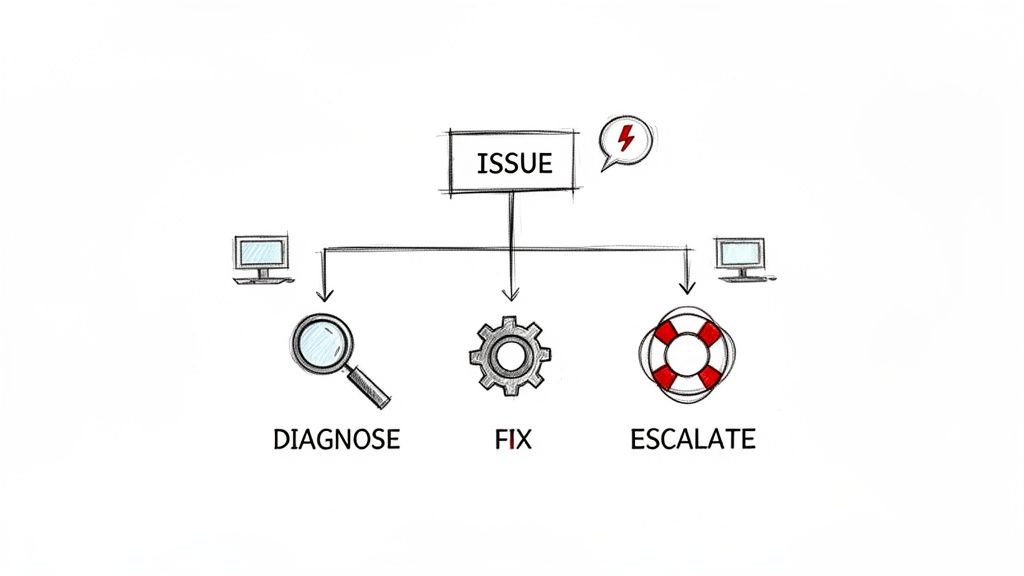 A hand-drawn flowchart illustrates a process for resolving issues: diagnose, fix, or escalate.
