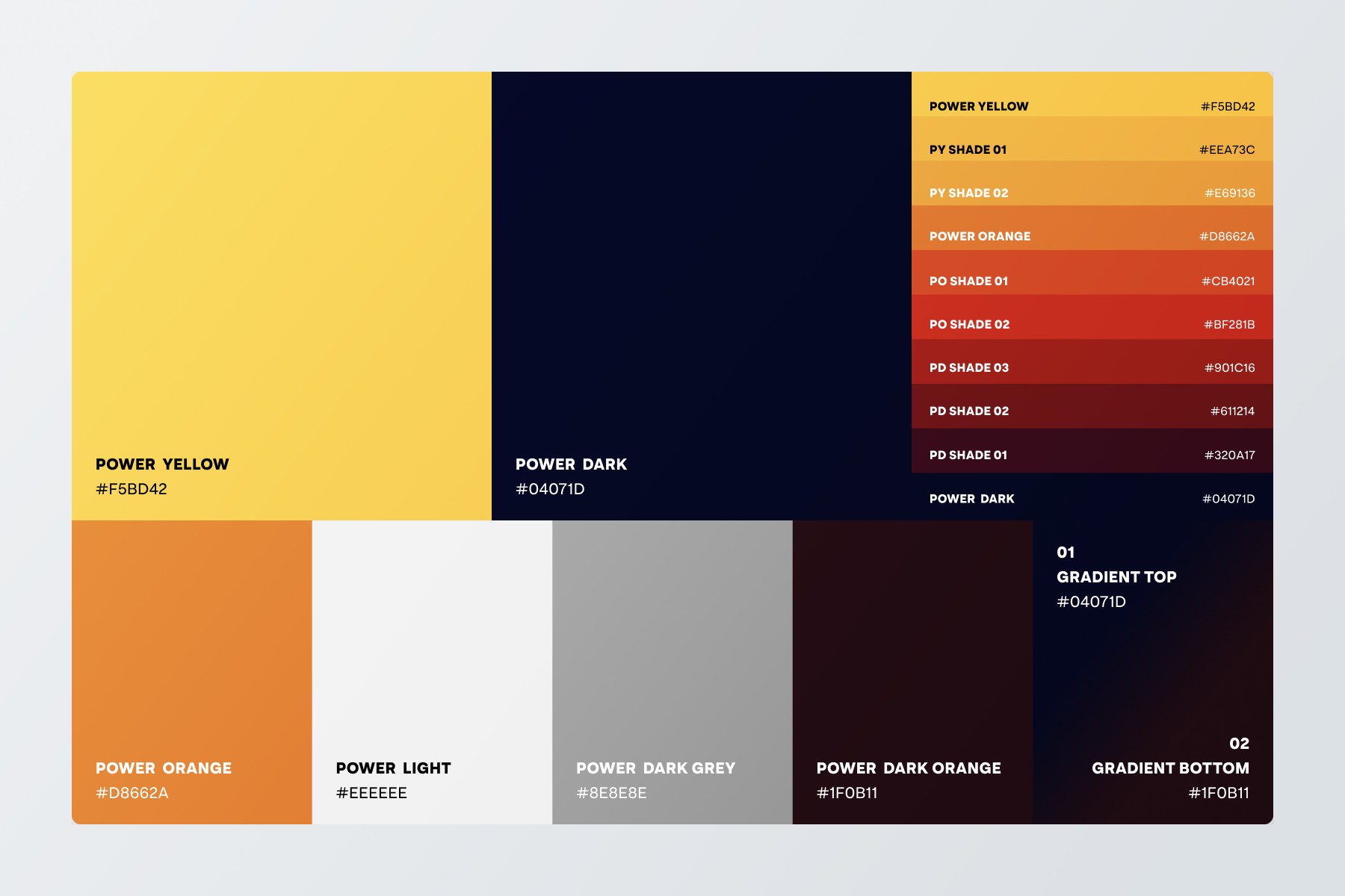 A color palette sheet showing each color in the Shock Controller brand guidelines (name of the color and the hex code). 