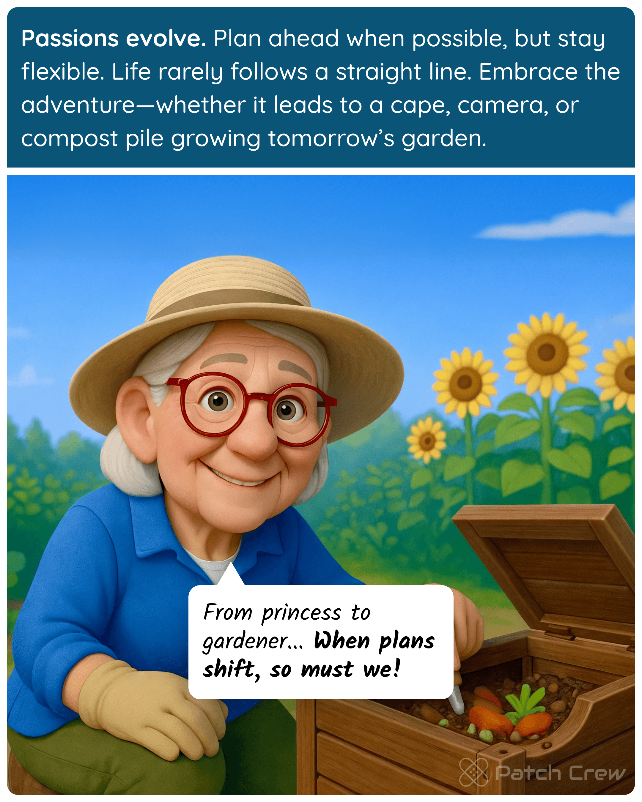 Image 3 of 3 from “When plans shift”: The message says passions evolve: plan ahead, stay flexible, and embrace where life leads—from princess to gardener.