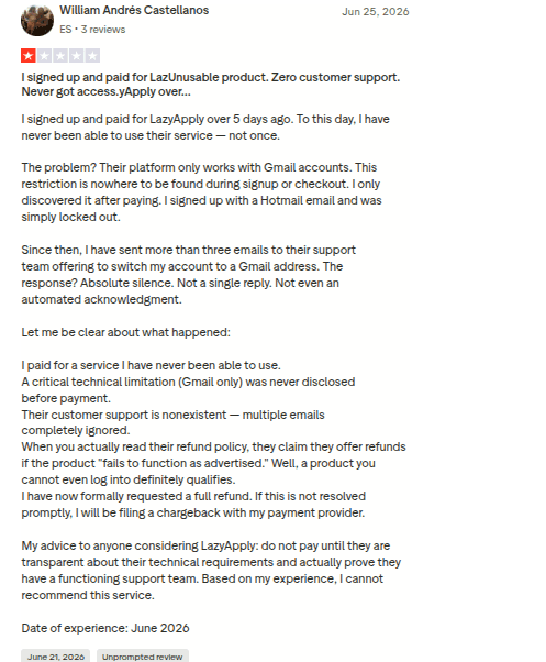 1-star LazyApply Trustpilot review about being locked out on a non-Gmail account with no support reply