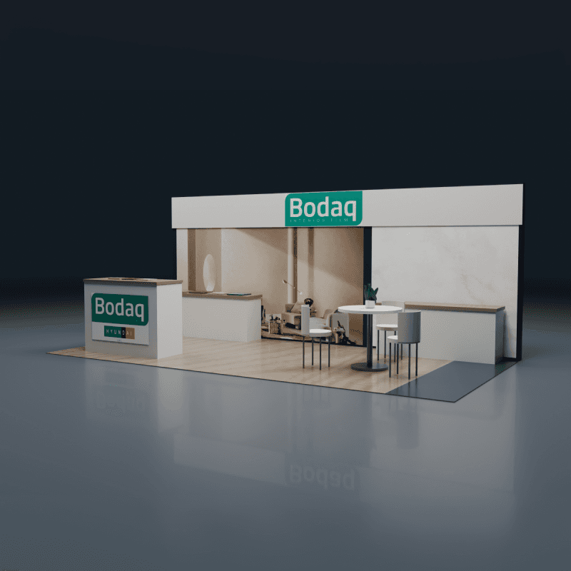 10x20 material sample display booth rental with branded wall graphics and product presentation panels