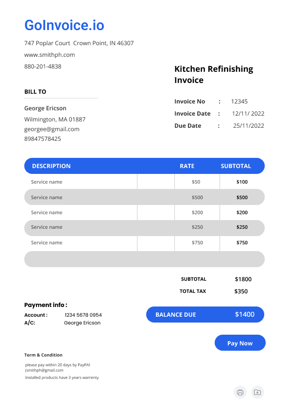 Kitchen Refinishing Invoice