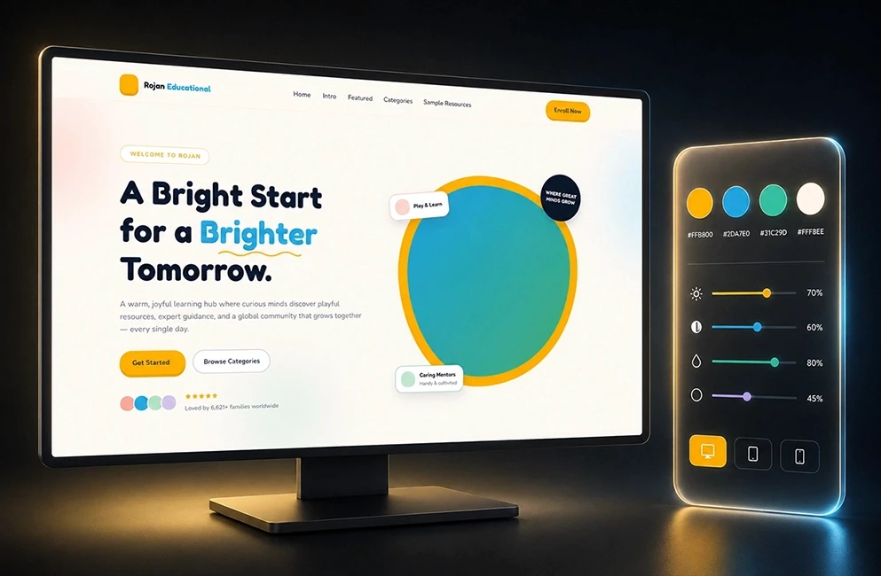 Colorful kids' educational learning platform homepage UI built with Framer