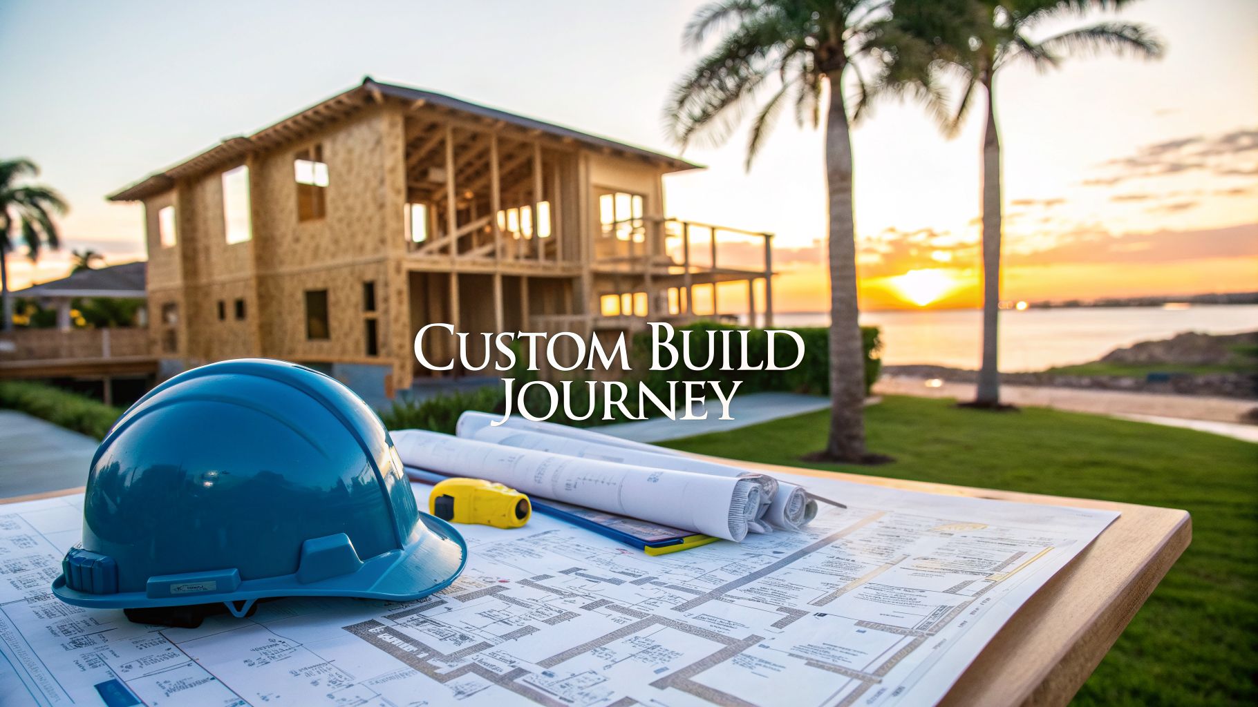 a large home under construction with a sunset in the background