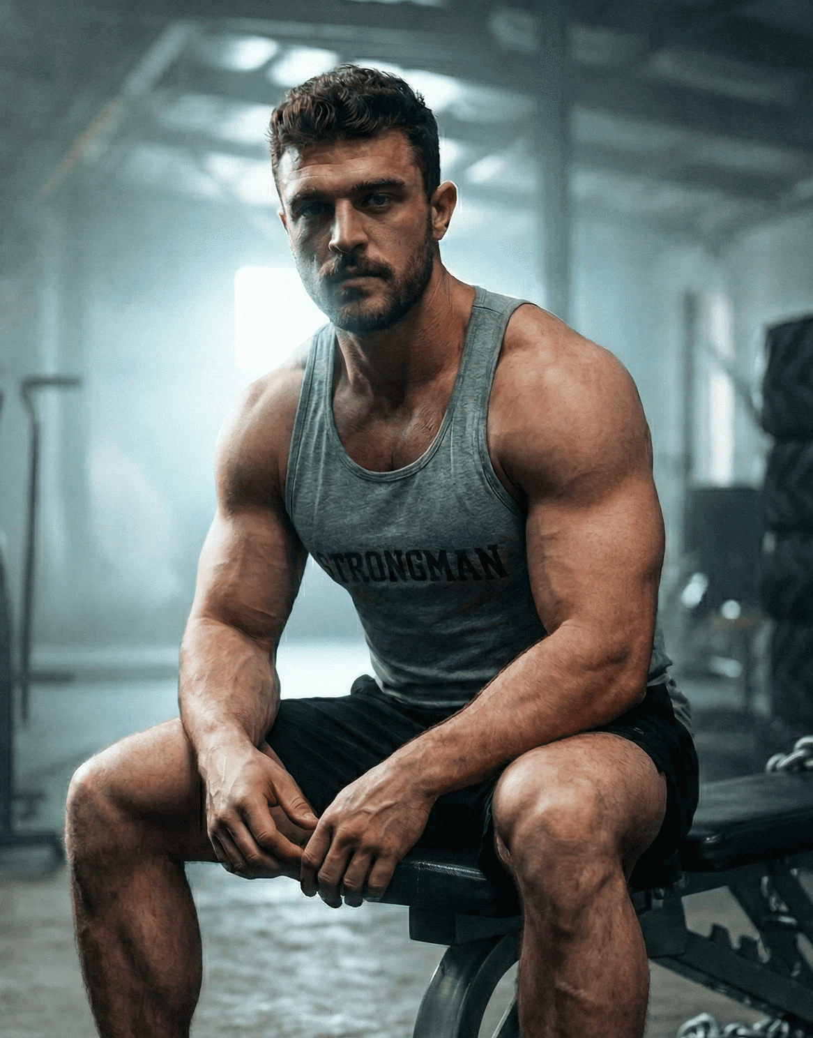 A muscular personal trainer sitting on a bench in a gym, wearing a sleeveless shirt and shorts, with dramatic lighting.