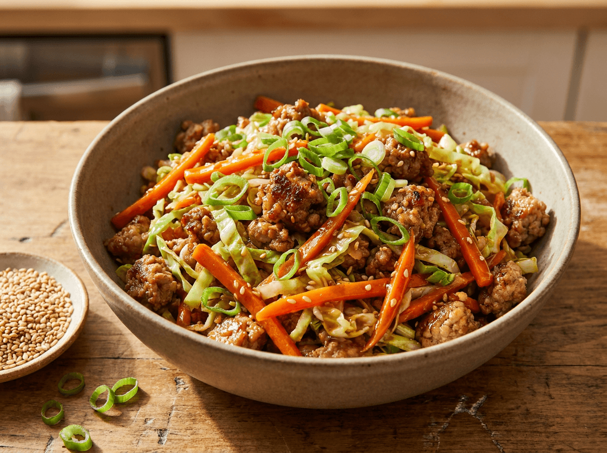 Low carb dinner ideas: deconstructed egg roll in a ceramic bowl