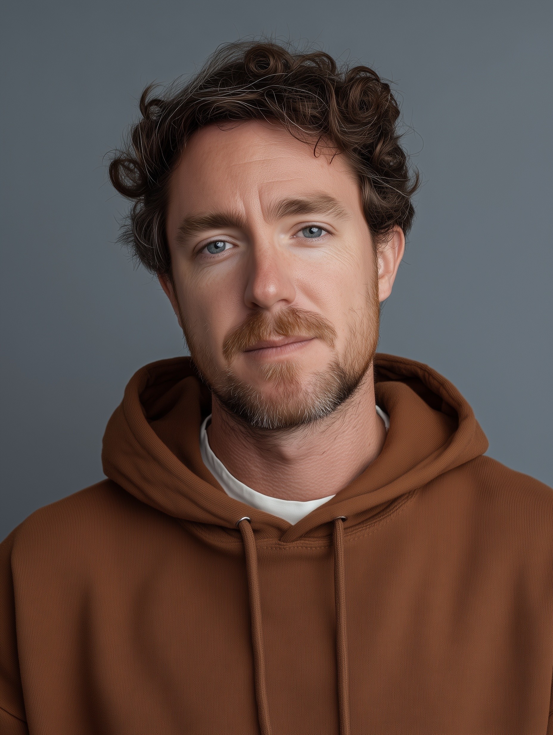 Person with light blue shirt looks to his right side