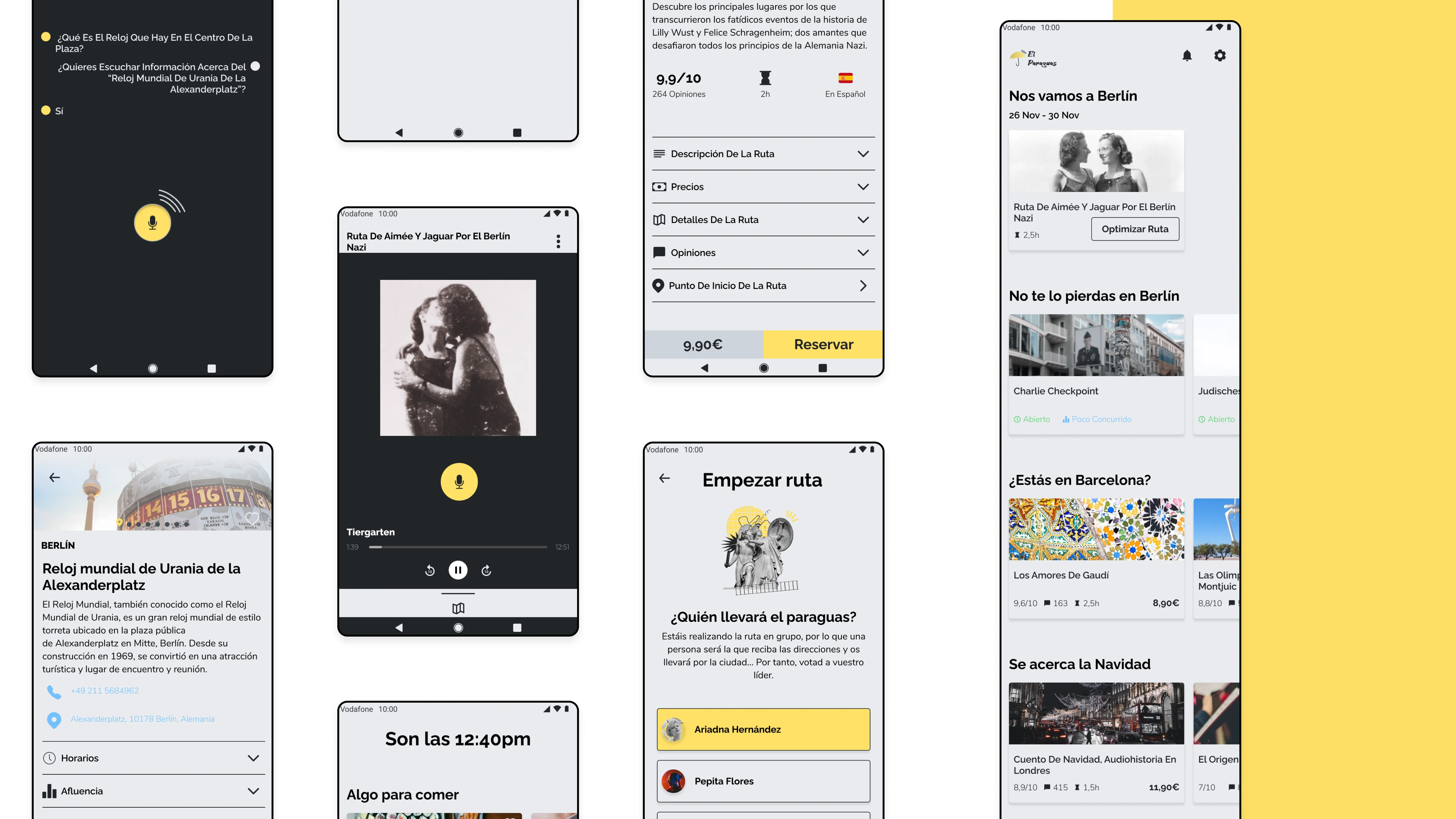 A variety of mobile devices on a yellow background, showcasing mockups of a travel app.