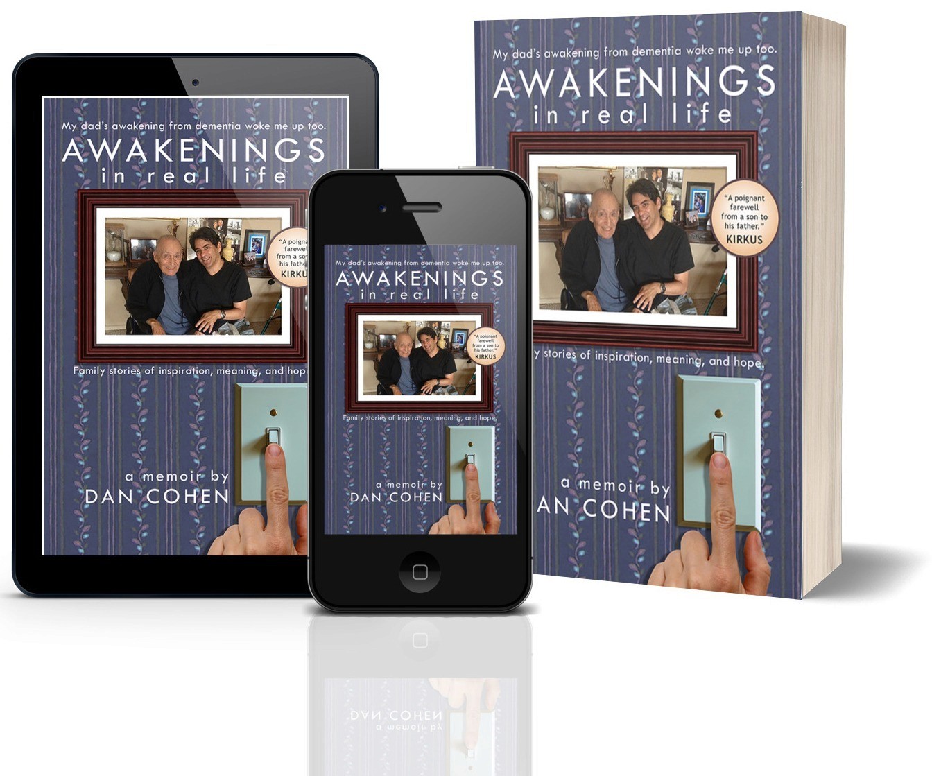 Awakenings in Real Life memoir by Dan Cohen displayed as an eBook on tablet and smartphone alongside print edition.
